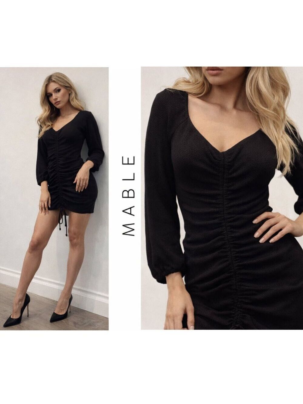 Mable Ruched Mini Dress Black Knit Long Sleeve Bodycon Size medium Night Out